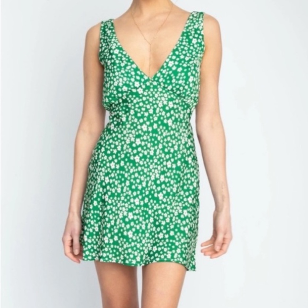 RESA Frankie Mini - size L - green daisy floral mini dress with tie